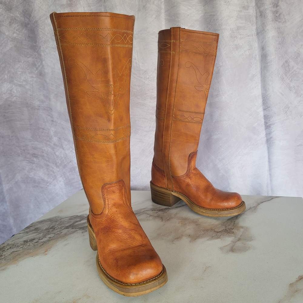 Vintage USA Campus Boots Goat Embroidered Size 5 M Women's Knee High